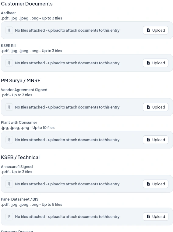 CarryFlow upload fields for customer documents, site photos and signed solar documents.