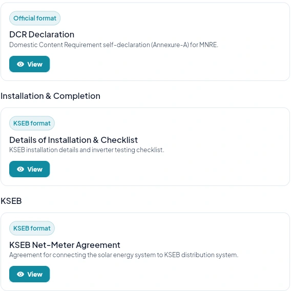 CarryFlow document cards for the DCR Declaration, installation checklist and KSEB net-meter agreement.